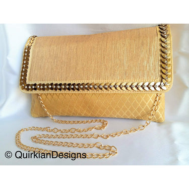 Beige And Copper Fabric Clutch Purse With Gold And Diamante Beads, Wedding Clutch, Party Bag